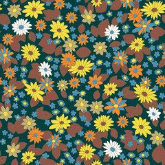 Pattern of bright abstract flowers on a dark green background. Repeatable vector pattern for textile, fabric and print.