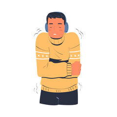 Man freezing and shivering wearing knitted sweater and earmuffs. Guy trying to warm during winter or autumn season cartoon vector illustration