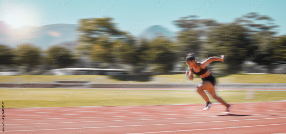 Poster Speed, track and fast woman running for fitness health, exercise and workout for marathon race, contest or competition. Sports commitment, sprint action or athlete runner training for France olympics