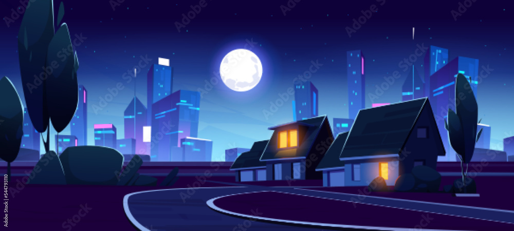 Wall mural district with suburban houses and city skyline at night. summer landscape of suburb, village street 