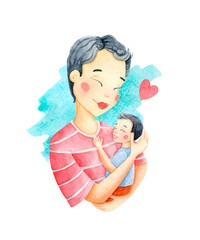 Mother and son watercolor illustration isolated on transparent background. Mom and kid on blue color paint spot poster, card. Mother's day design. Family hugs print. Woman and child painting.