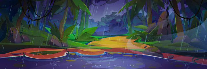 Fototapeta na wymiar Rain in tropical jungle forest with lake. Summer rainforest landscape with river, path, plants, trees and lianas at rainy weather in evening, vector cartoon illustration