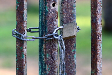 A rusty padlock hangs on a closed gate.