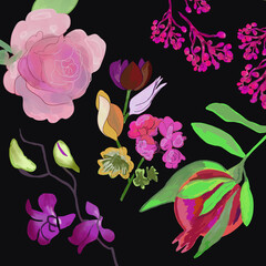 Beautiful flowers pattern, tulips, pelargonium, orchid, rose, pomegranate. Pattern on black background 