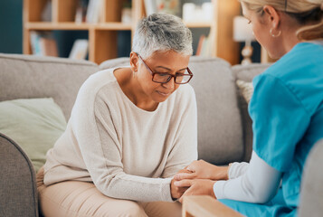 Mental health, support and nurse with senior woman holding hands for support, healthcare and...