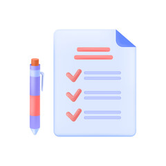 Pen and sheet of paper with checklist 3D icon. List of finished tasks and writing tool 3D vector illustration on white background. Education, job, business, time management, organization concept