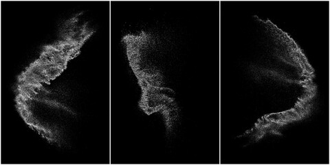 Set of distressed white grainy texture. Dust overlay textured. Grain noise particles. Snow effects pack. Rusted black background. Vector illustration, EPS 10.   