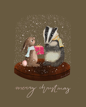 Christmas Card - small badger and small rabbit