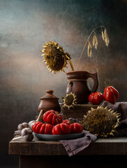 Still Life with Sunflowers, Tomatoes and Garlic