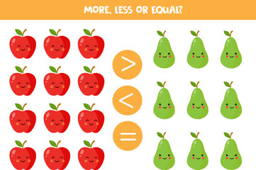 More, less or equal with cute cartoon fruits.