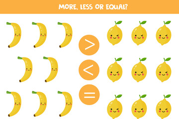 More, less or equal with cute cartoon fruits.