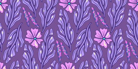 Seamless flower trippy psychedelic pattern. Purple psychedelic seamless pattern. Magic floral daisy print. Trippy design hippie floral flat illustration. Retro y2k print.