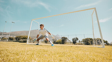 Boy, soccer field or goalkeeper in fitness game, exercise match or training competition in sports...