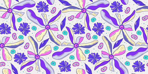 Seamless flower trippy psychedelic pattern. Purple psychedelic seamless pattern. Magic floral daisy print. Trippy design hippie floral flat illustration. Retro y2k print.