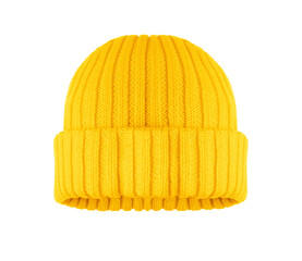Cotton yellow winter hat closeup isolated on a white background