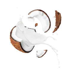 Crushed coconut with milk splashes in the air - obrazy, fototapety, plakaty