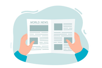 Newspaper in mans hands flat vector illustration. Person reading world news in morning. Information, mass media, press, journalism, article, daily routine concept