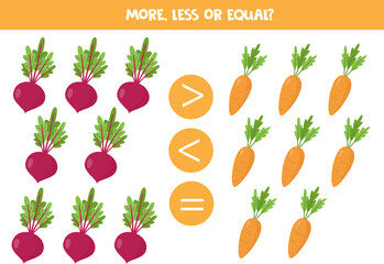 More, less or equal with cute cartoon vegetables.