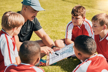Tactics, children and soccer with a coach and team talking strategy before a game on an outdoor...