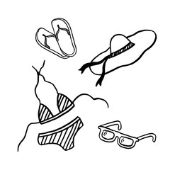 Doodle set of beach accessories black on white.