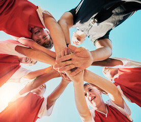 Hands, collaboration and children with a team in sports together standing in a huddle or circle...