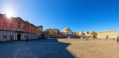 Piazza del Plebiscito and Old Architecture Buildings in Downtown City of Naples, Italy. Sunny Day....