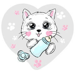 Cute cat. Little kitten drinking milk from bottle and pacifier on grey heart spot . Illustration for baby, newborn or kids prints on t-shirts