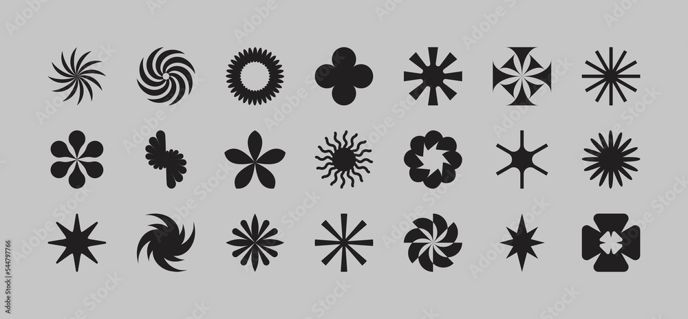 Poster Vector set of minimalist brutalist design elements, futuristic shapes and geometric figures and stars - abstract background elements for branding, packaging, prints and social media posts