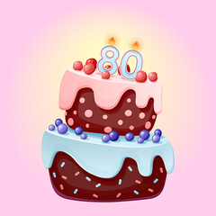 Eighty years birthday cake with candles number 80. Cute cartoon festive vector image. Chocolate biscuit with berries, cherries and blueberries. Happy Birthday illustration for parties