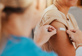 Healthcare, patient and plaster on arm for covid vaccine, flu shot or arthritis or osteoarthritis...