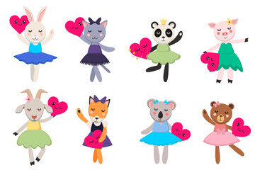 Dancing ballet animals in dresses vector set. Cartoon illustrations of animals wearing dresses dancing ballet holding pink hearts isolated on white background. Entertainment, childhood concept.
