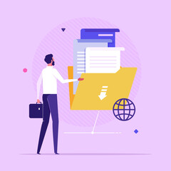 Businessman holding folder full of documents. Concept of data network, international online service for file management, information organization and storage, flat vector illustration © treety