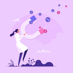 Woman holding magnet attracting people. Concept of power of influence, allure, attraction, authority, drawing public attention, force impact, flat vector illustration