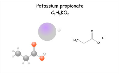 Stylized molecule model/structural formula of potassium propionate.