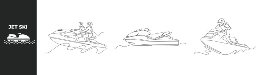 Single one line drawing Riding Jet Ski set concept. Sport couple riding jet ski and Jet Ski Icon. Continuous line draw design graphic vector illustration. 