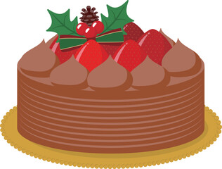 いちごの乗ったチョコレート味のクリスマスケーキのベクターイラスト