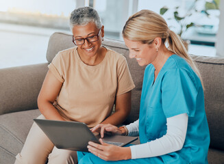 Laptop, healthcare and assisted living with a woman and nurse talking about test results in a...