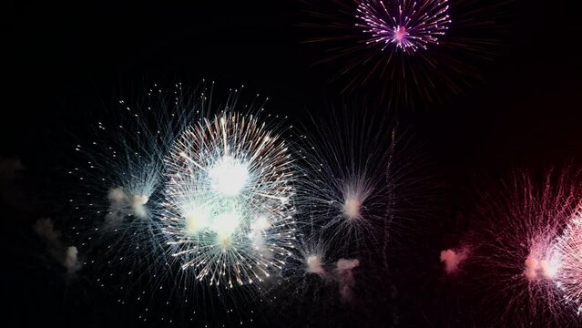 Fireworks exploding in dark night sky for celebration and anniversary concept
