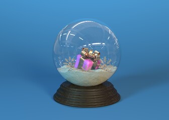 Snow globe with falling snowflakes and gift. Realistic transparent glass sphere on wooden pedestal. Magic glass sphere on dark background. 3d render