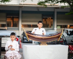 Asian boy play the ranat ek Thai musical xylophone instrument in the percussion family that consists - 544801586