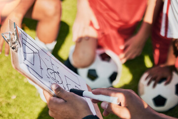 Soccer field strategy, coaching and planning with team for goals, training and learning game...