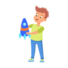 boy holds in his hands model of rocket, spacecraft for long distance travel. Flat cartoon illustration isolated on white background