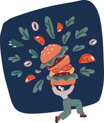 Cartoon vector illustration of Scared Woman Runing Away with big Hamburger