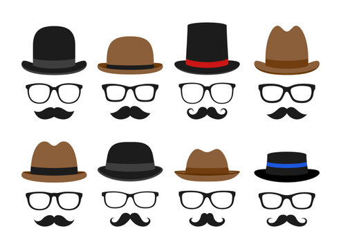 Set of Mustache, Hat, and Glasses in flat style isolated