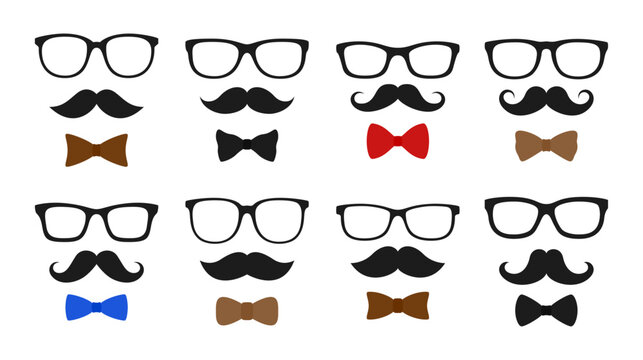 Set of Mustache, Bow Tie, and Glasses in flat style isolated