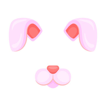 Animal face mask of eared hare, rabbit for video and photo set. Vector illustration of selfie filters with ears and nose. Cartoon funny muzzle isolated on white
