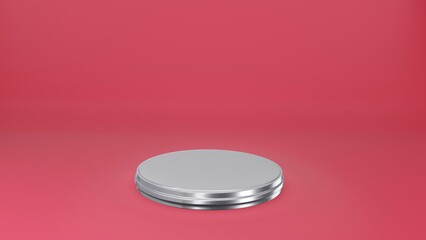 Podium with stainless steel circles on red background, minimal concept podium 3D rendering mockup template