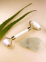 Flat lay of the jade face roller, gua sha tool and aloe plants. Facial massage.  