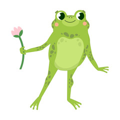 cute colorful frog giving flower to friend, cartoon vector illustration. Funny green drawing toad on white background. Animal, wildlife, nature