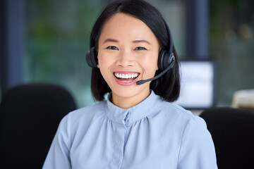 Portrait, call center and customer service with an asian woman consultant working in a sales...